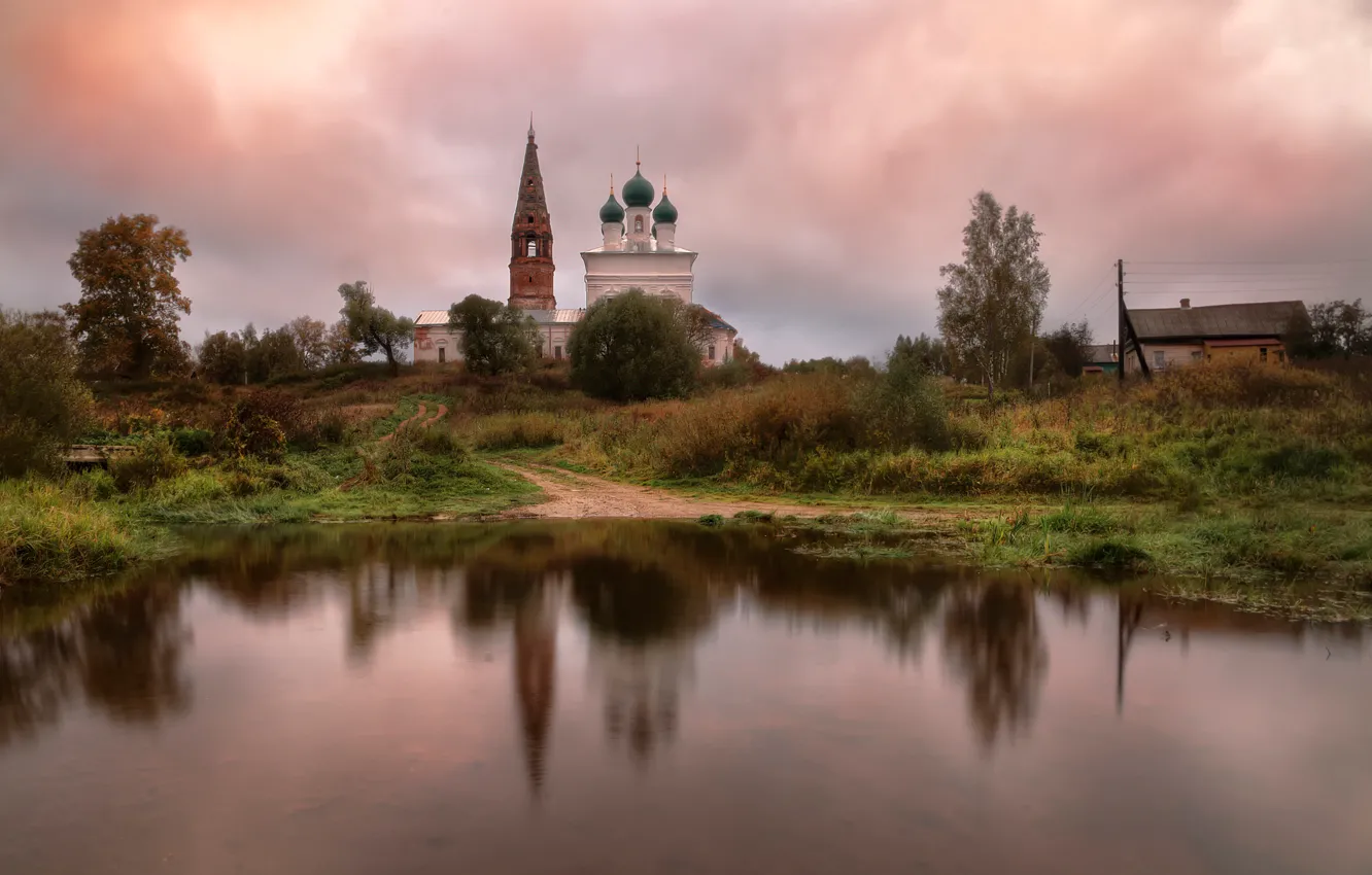 Фото обои деревня, храм, где-то в России