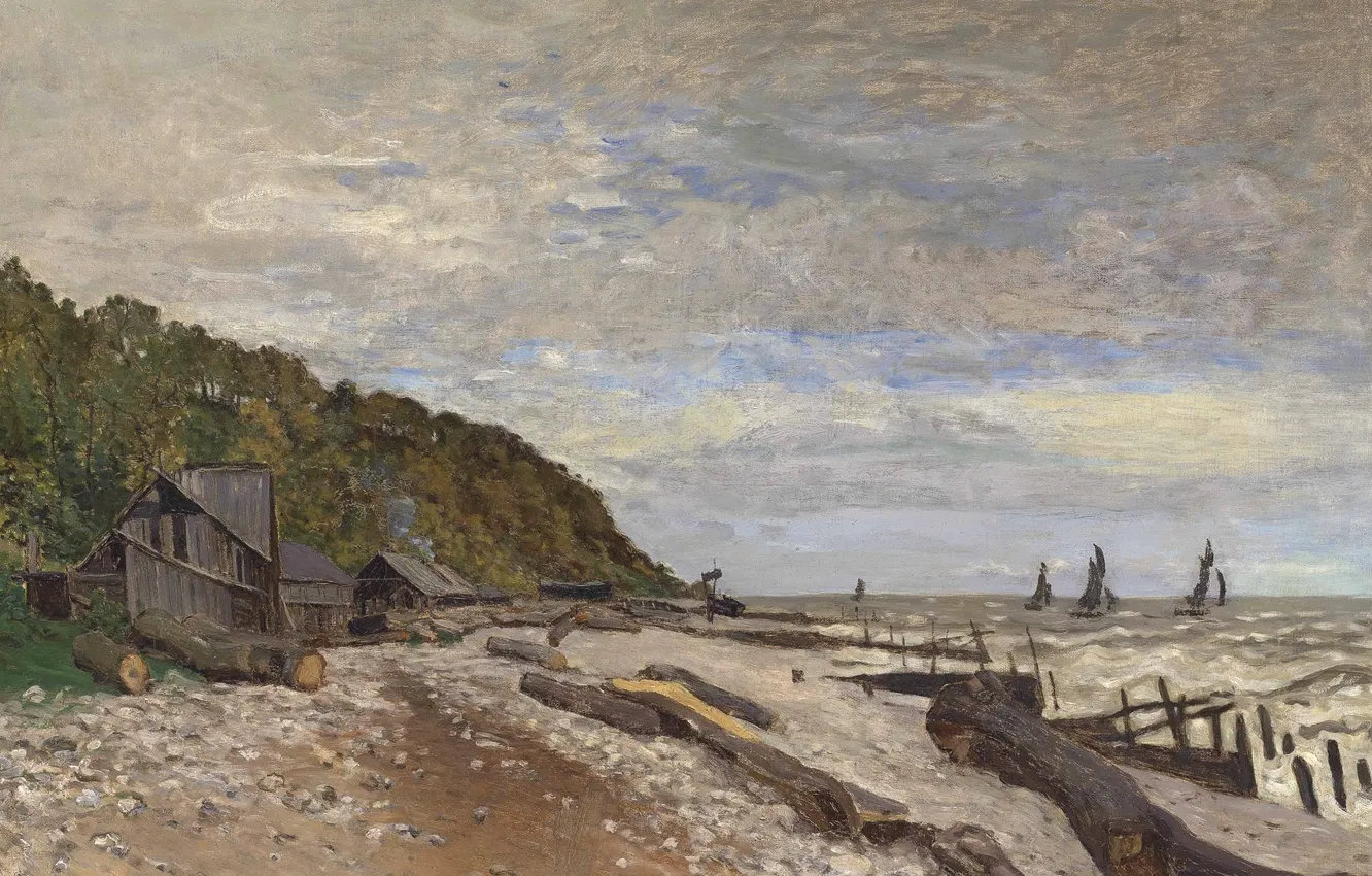 Фото обои море, пейзаж, берег, лодка, картина, парус, Клод Моне, Boatyard near Honfleur