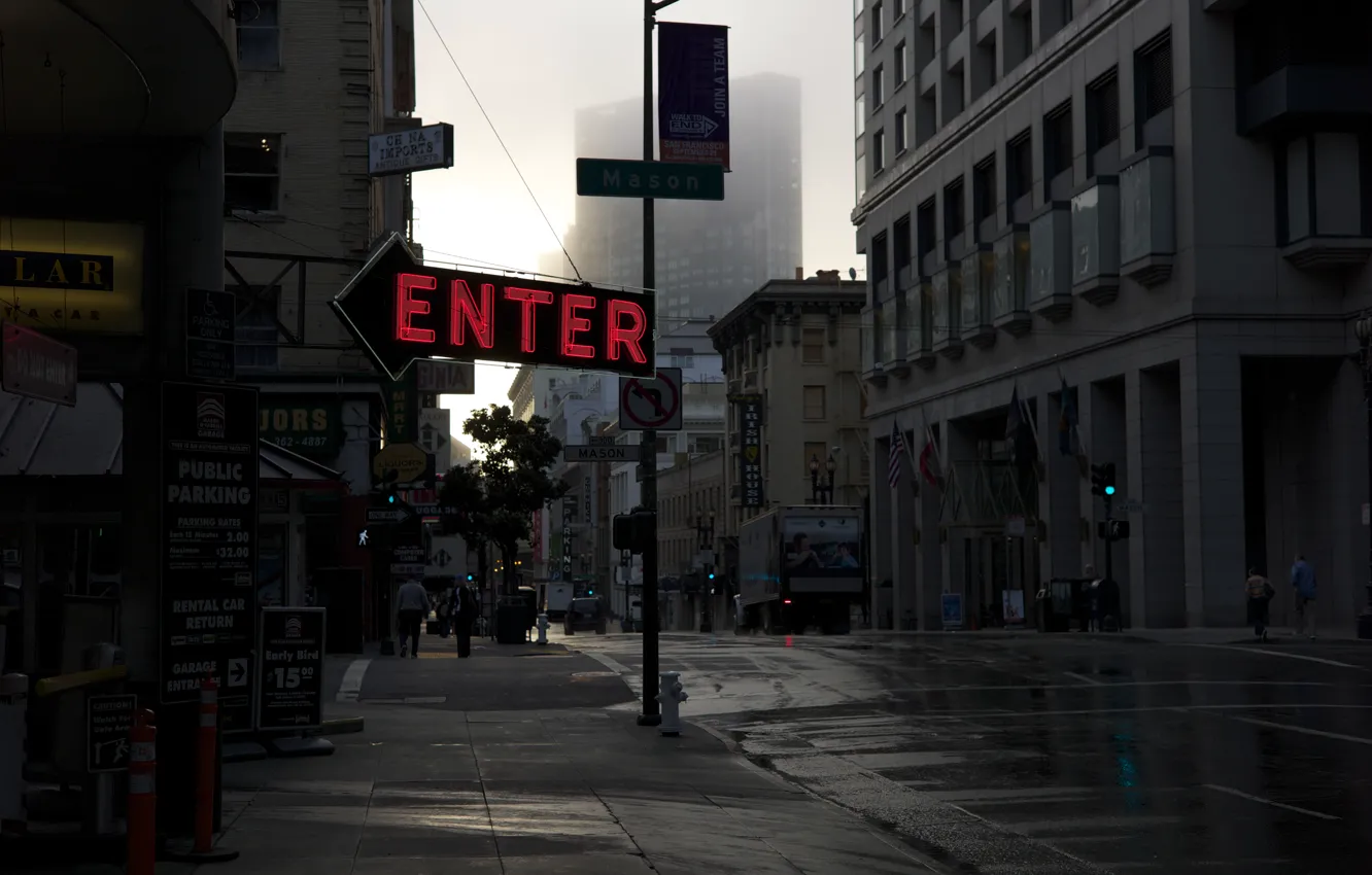 Фото обои USA, United States, sign, California, morning, San Francisco, street, flags