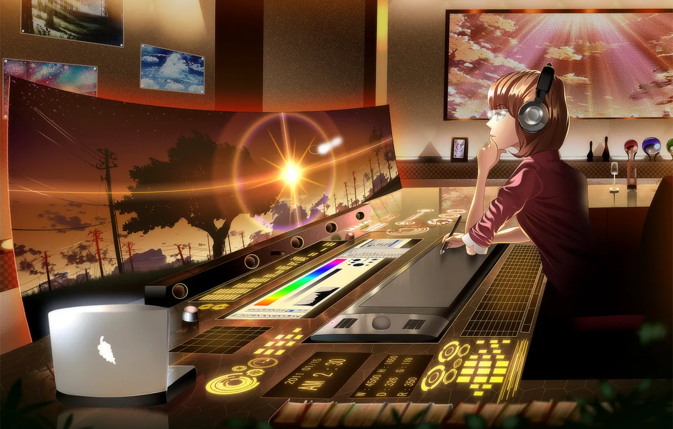 Фото обои девушка, закат, аниме, наушники, экран, skyt2