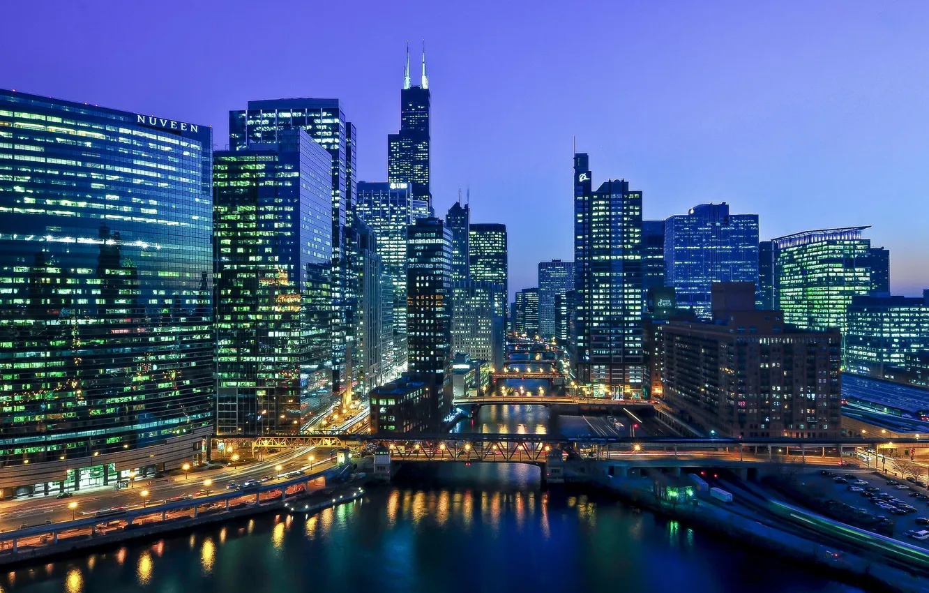 Фото обои ночь, мост, река, небоскребы, вечер, Чикаго