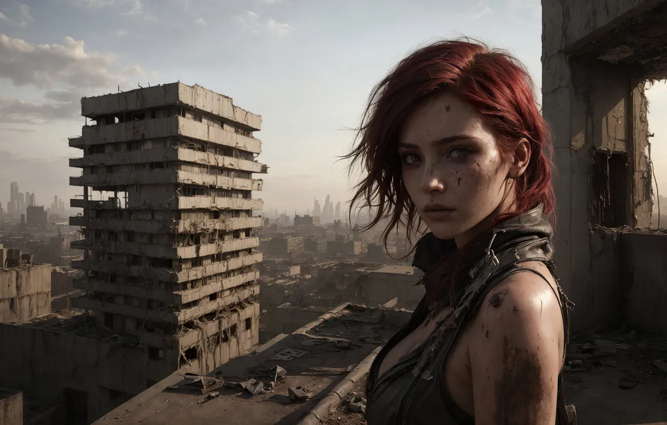 Фото обои city, girl, red hair, art, survivor, digital art, fantasy art, abandoned