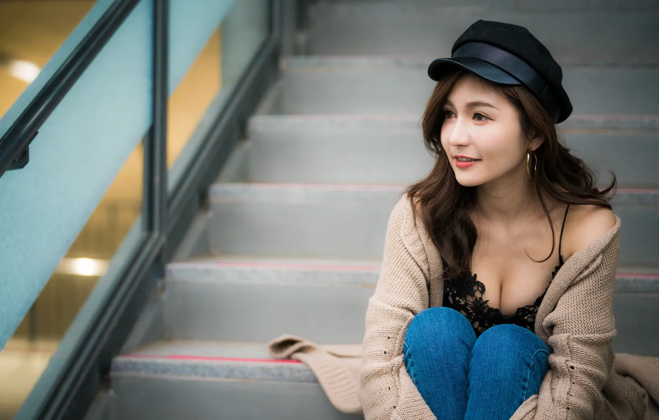 Фото обои девушка, кепка, азиатка, милашка, боке