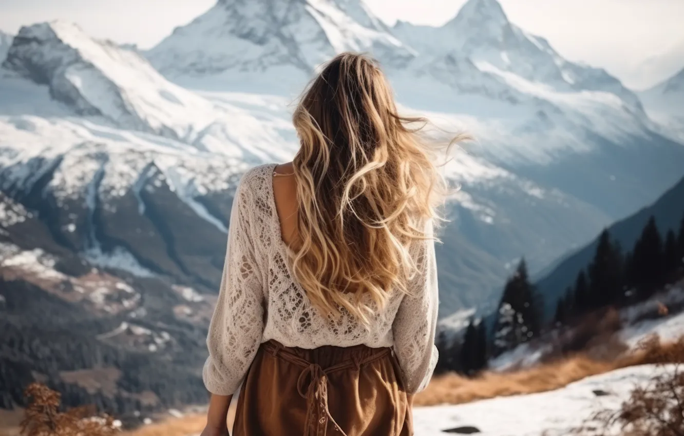 Фото обои холод, зима, девушка, снег, горы, природа, спина, вид