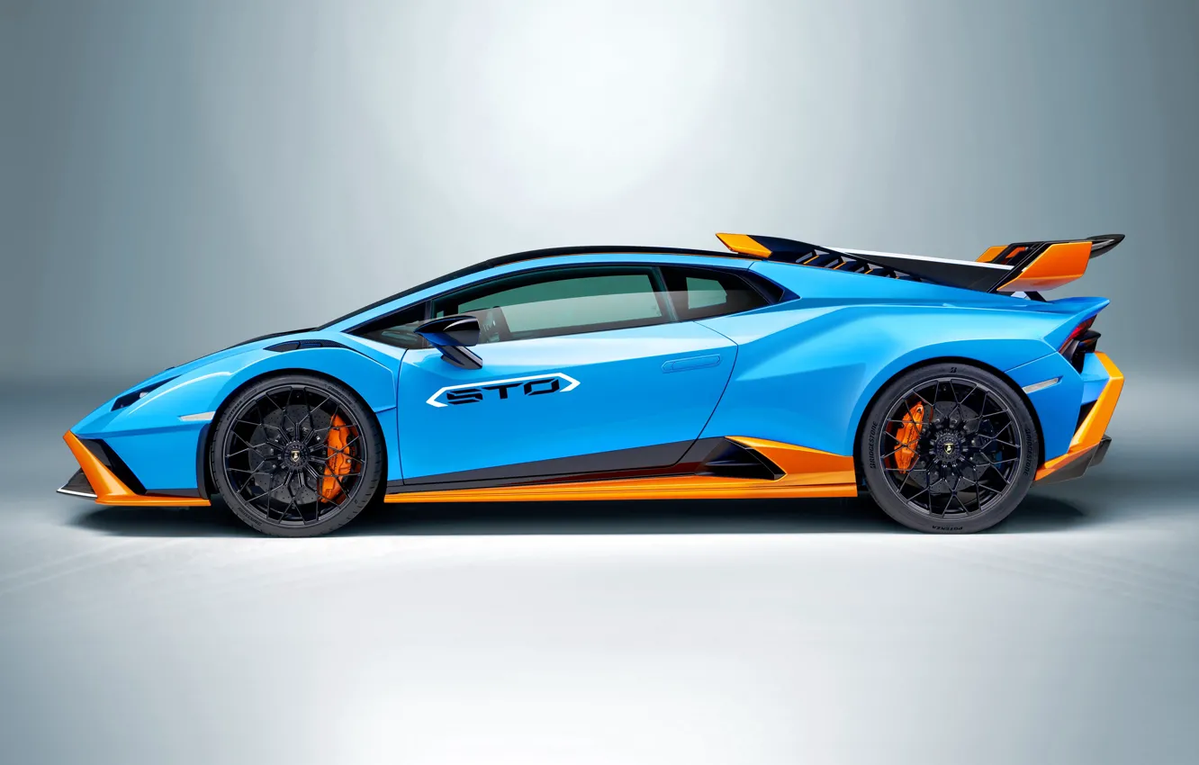 Фото обои Lamborghini, blue, orange, huracan, sto, metal background