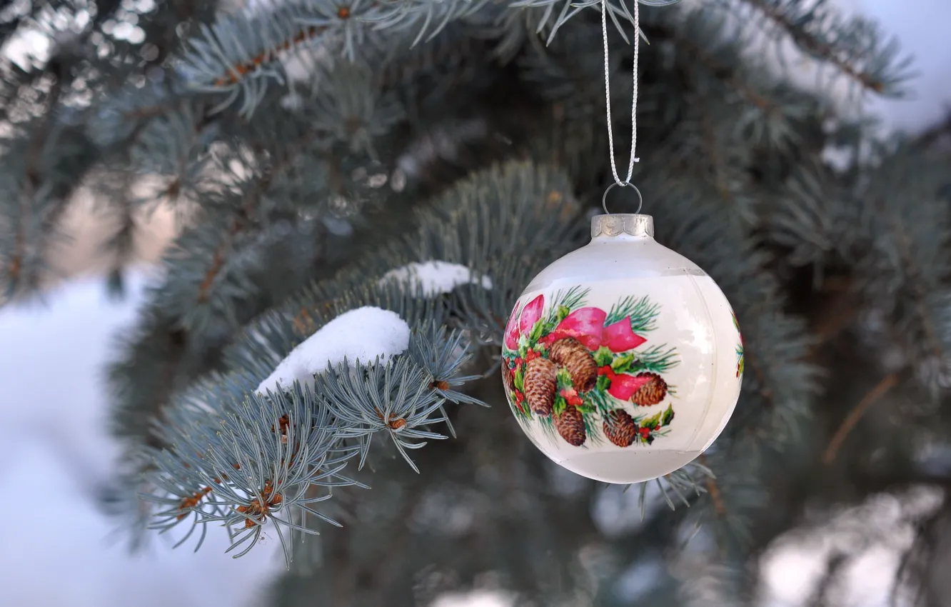 Фото обои зима, снег, ветки, праздник, игрушка, елка, шар, Новый год