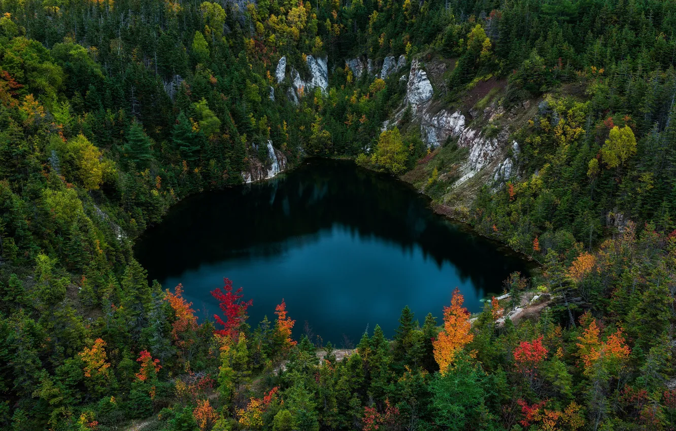 Фото обои осень, лес, озеро, скалы, Канада, Canada, Nova Scotia, Новая Шотландия