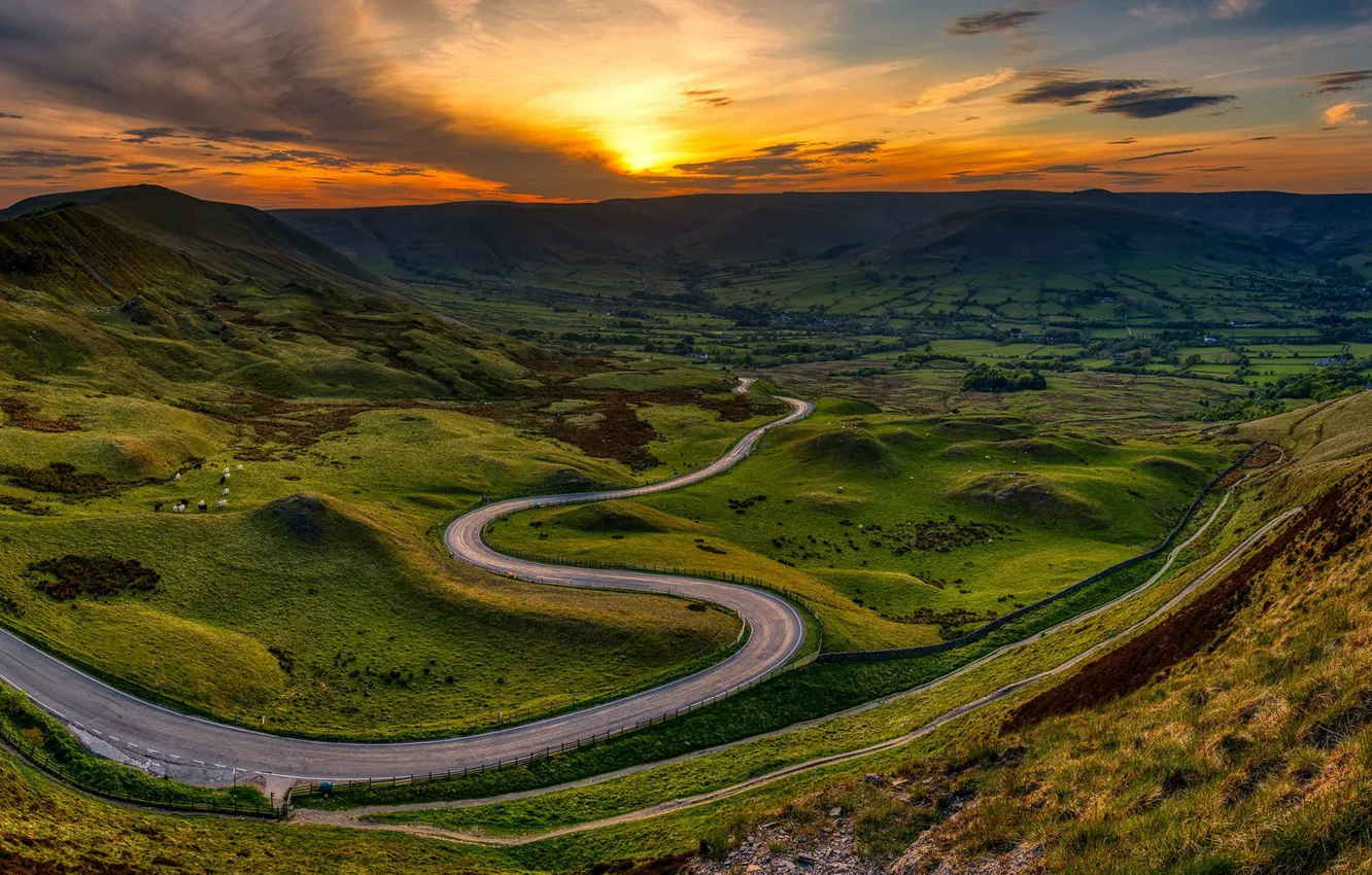 Фото обои England, Road, Panorama, Peak District