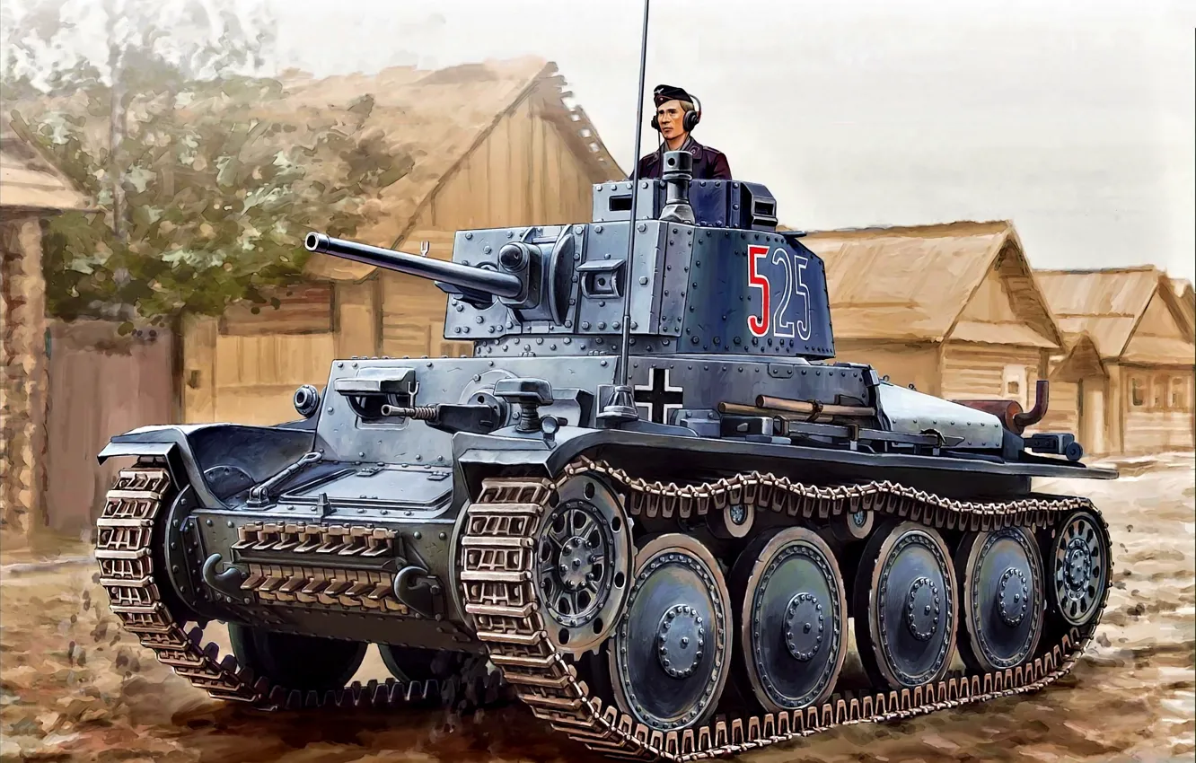 Фото обои танк, Panzer, панцерваффе, Изба, Трофейный, Pz.Kpfw.38(t), Танкист, Чехословацкий
