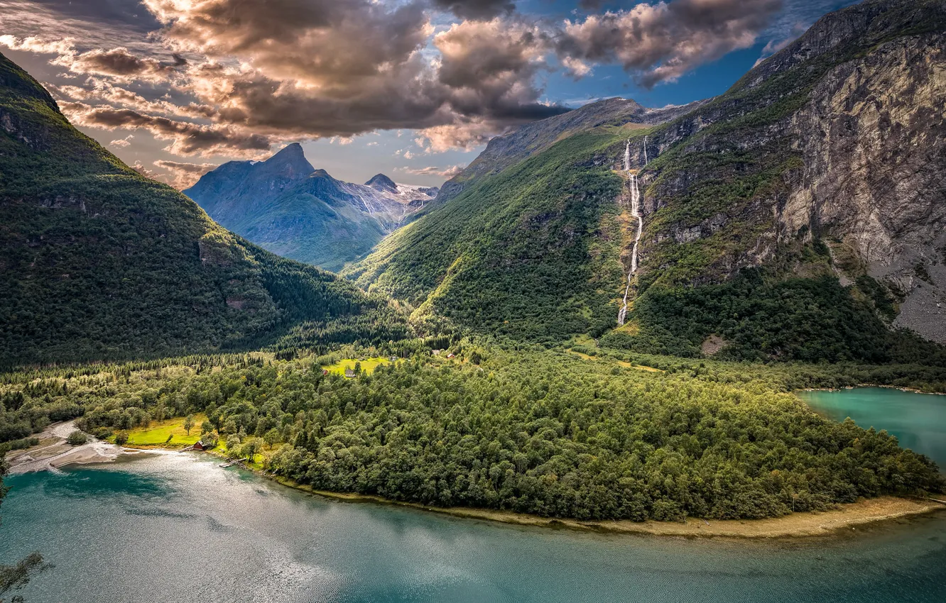 Фото обои облака, горы, озеро, долина, Норвегия, панорама, Norway, Согн-ог-Фьюране