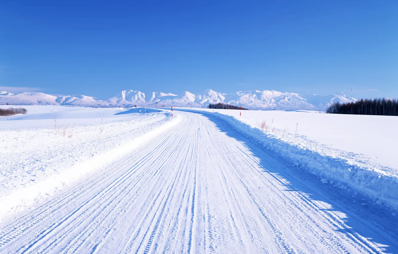 Фото обои зима, дорога, горы, горизонт