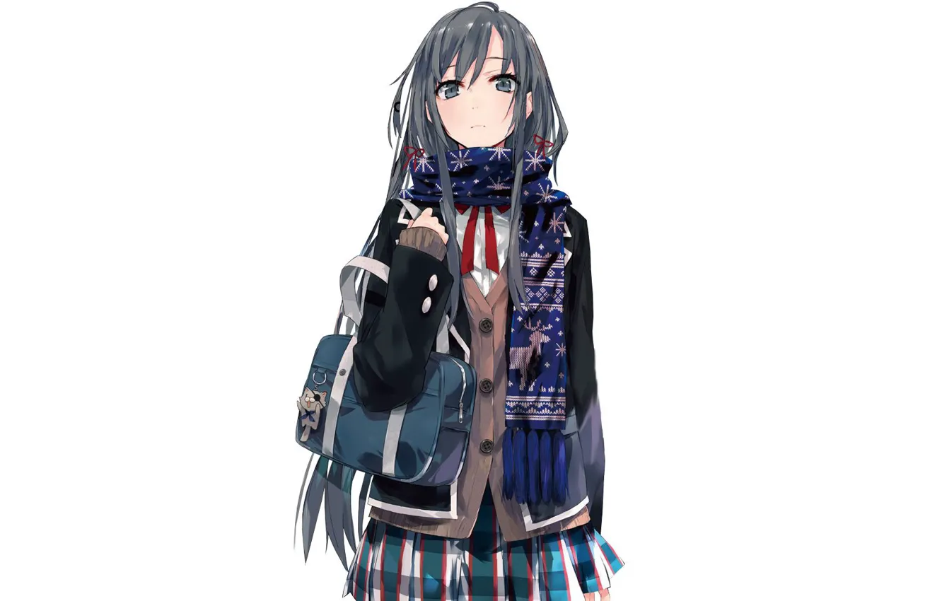 Фото обои шарф, белый фон, школьница, сумка, кофта, брелок, длинные волосы, art