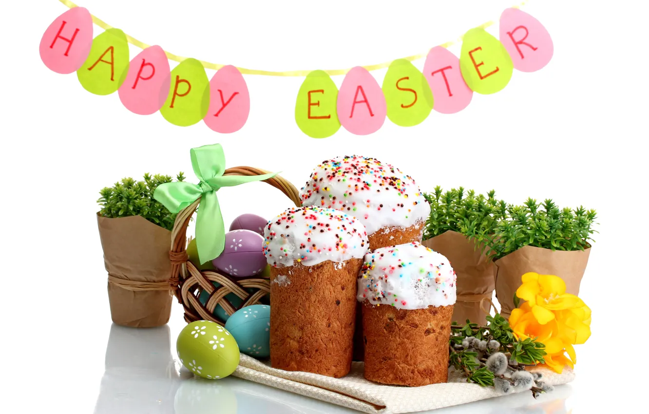 Фото обои цветы, яйца, Пасха, cake, кулич, flowers, Easter, eggs