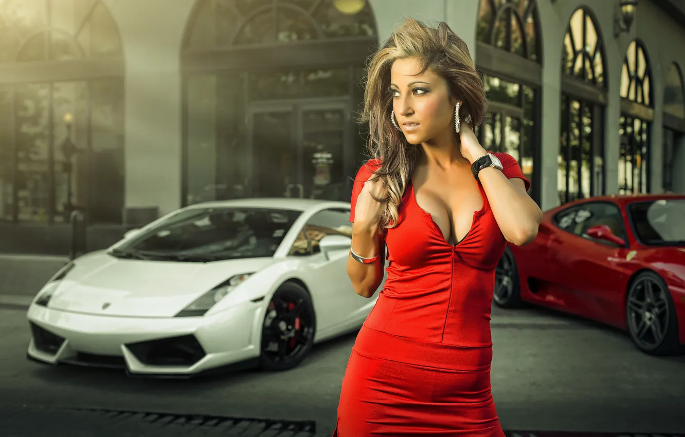 Фото обои Lamborghini, Girl, Ferrari, Gallardo, Model, View, Supercar, Red Dress