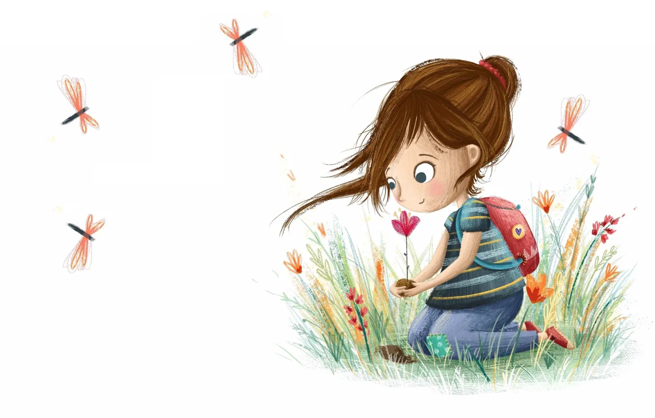 Фото обои лето, цветы, рисунок, арт, девочка, полянка, детская, illustrator