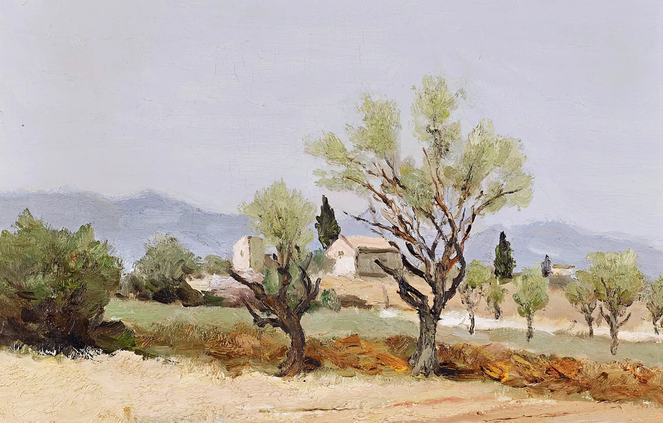 Фото обои деревья, пейзаж, горы, дом, картина, Marcel Dyf, Almond Trees and the Tower of Egalieres