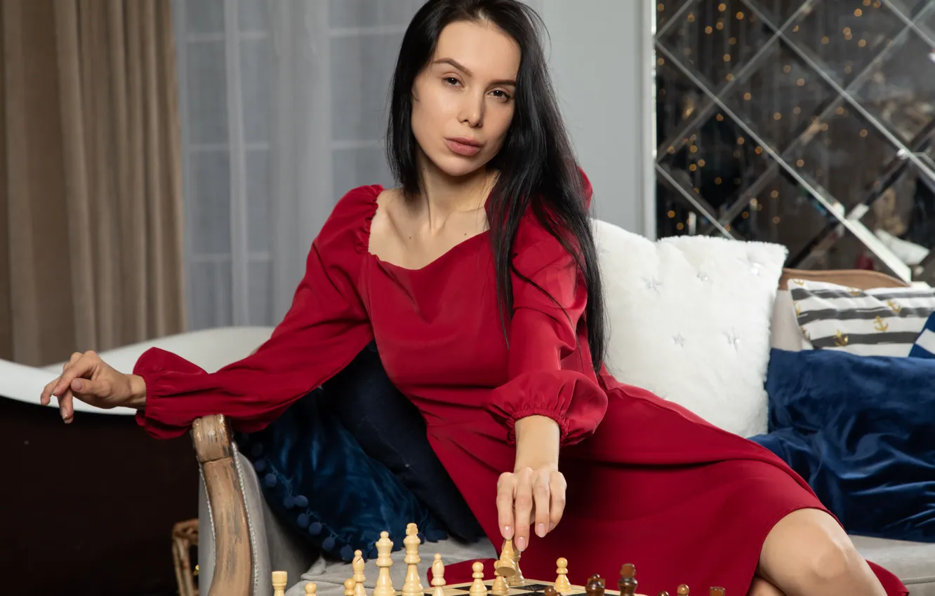 Фото обои long hair, model, chess, sexy woman, photoshoot, black hair, red dress, busty
