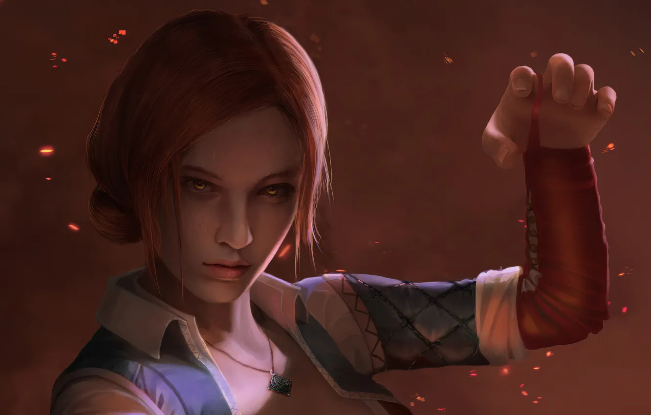 Фото обои взгляд, девушка, рука, Triss Merigold, Ведьмак 3: Дикая Охота