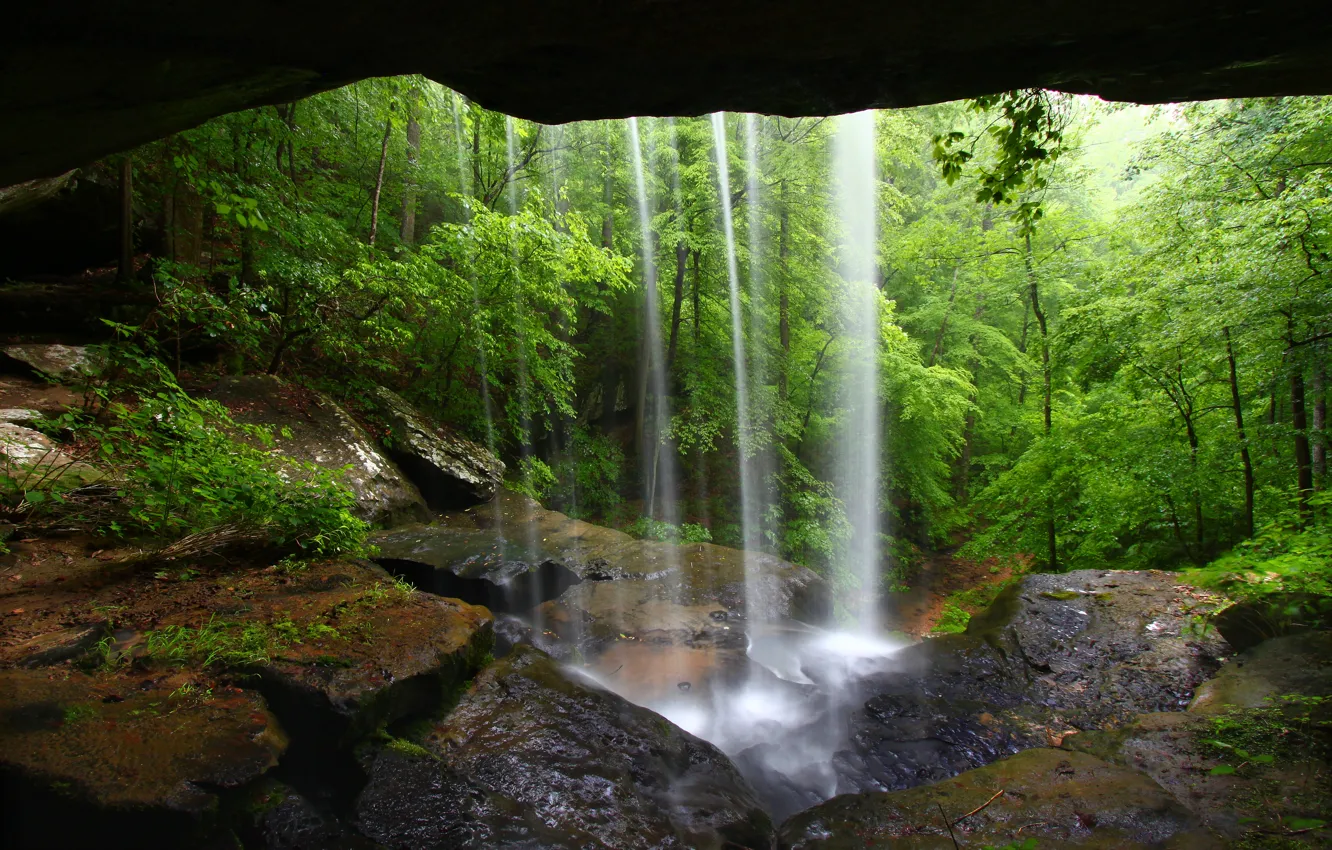Фото обои природа, водопад, пещера, waterfall