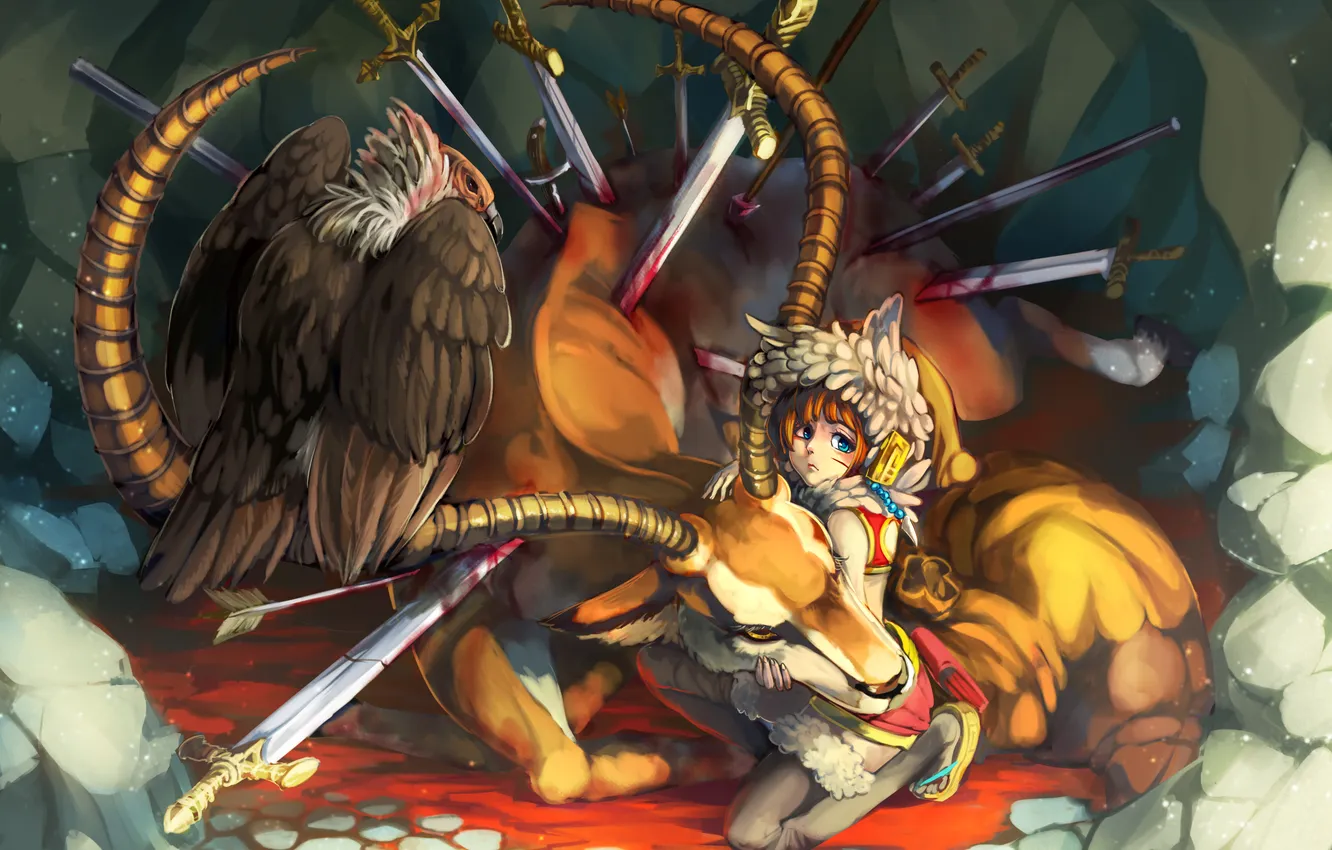 Фото обои орел, кровь, олень, девочка, мечи