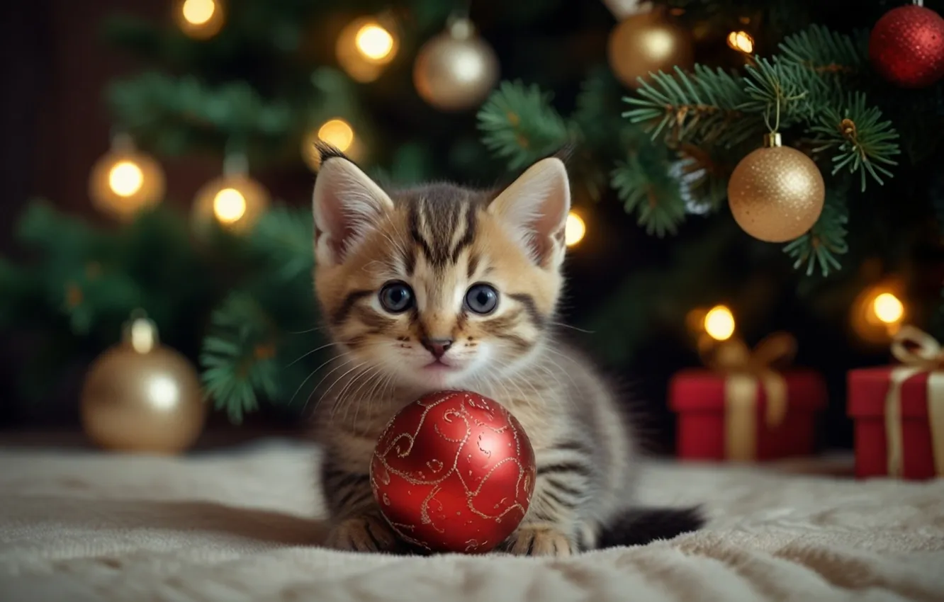 Фото обои кошка, взгляд, шарики, поза, котенок, серый, шарик, Рождество