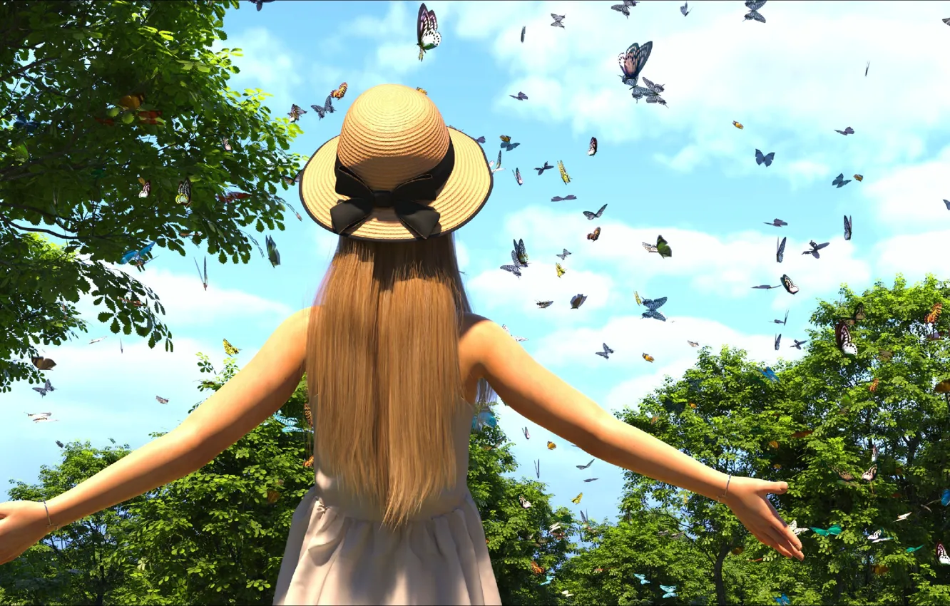 Фото обои осень, бабочки, настроение, girl, fly, soul, rendering, Hat