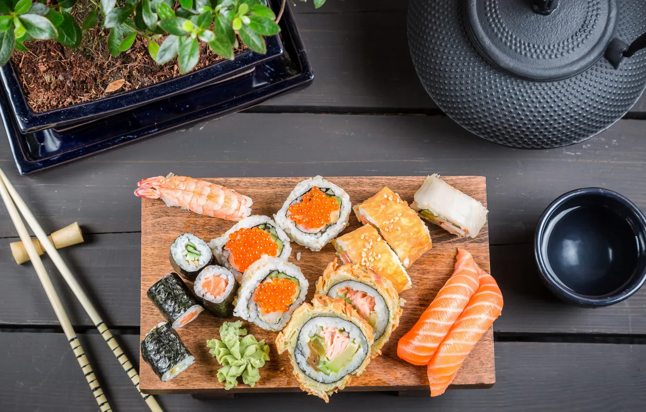 Фото обои рыба, палочки, rolls, sushi, суши, роллы, Японская кухня