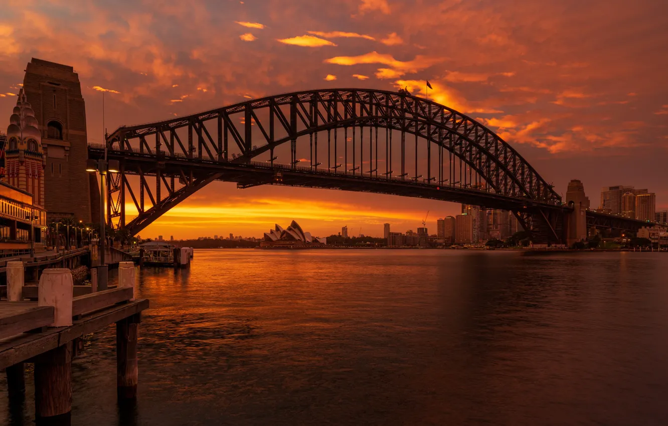 Фото обои закат, мост, Австралия, залив, Сидней, Australia, Sydney, Sydney Harbour Bridge