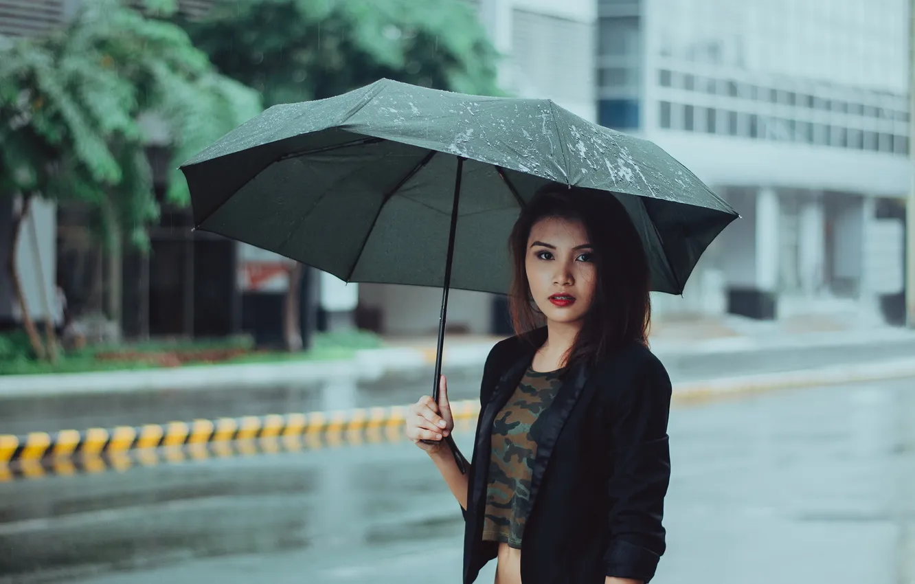Фото обои девушка, дождь, улица, зонт
