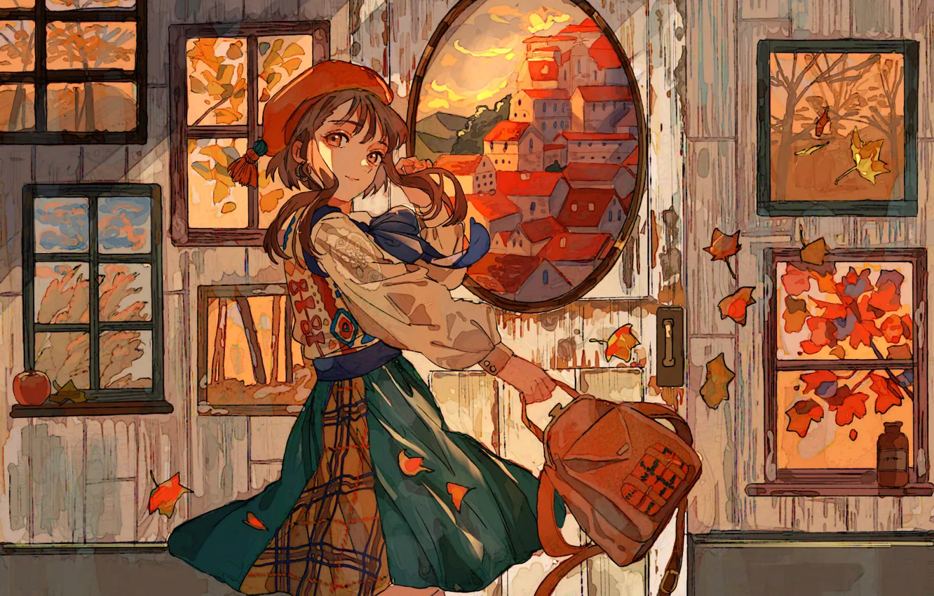 Фото обои осень, девушка, комната, картины, рюкзак