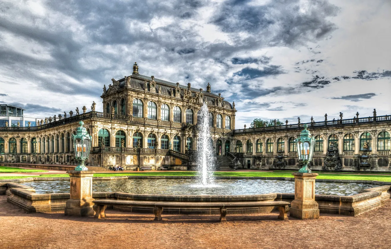 Фото обои облака, HDR, Германия, Дрезден, фонтан, архитектура, солнечно, дворец