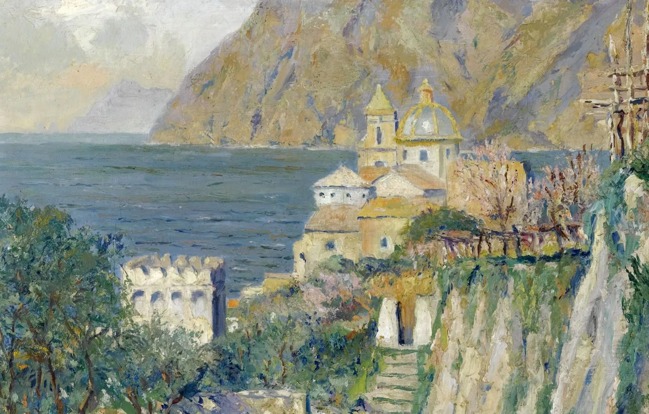 Фото обои пейзаж, картина, Эдуард Какуел, Edward Cucuel, Деревенская Церковь. Соррентийское Побережье Капри