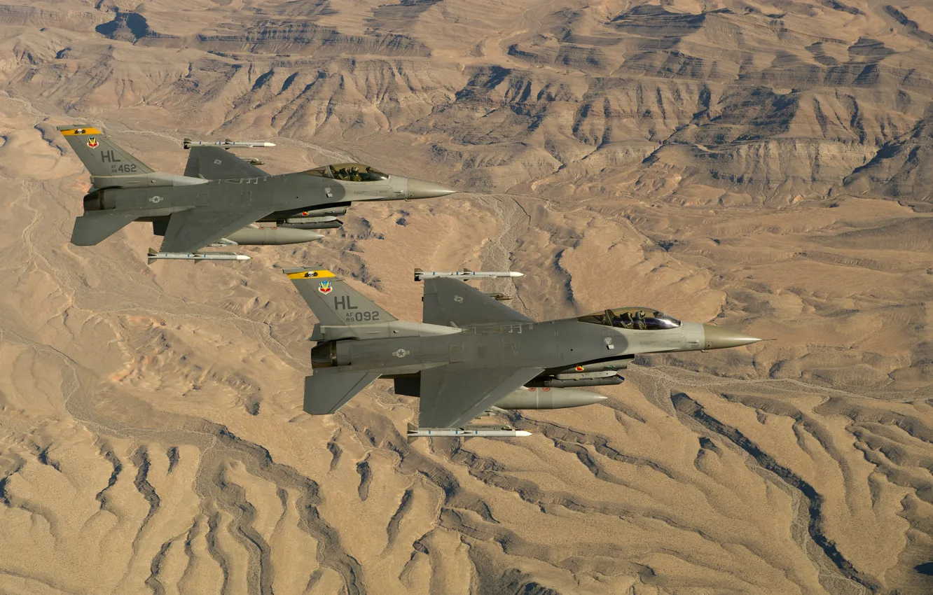 Фото обои ландшафт, истребители, пара, F-16, Fighting Falcon, «Файтинг Фалкон»