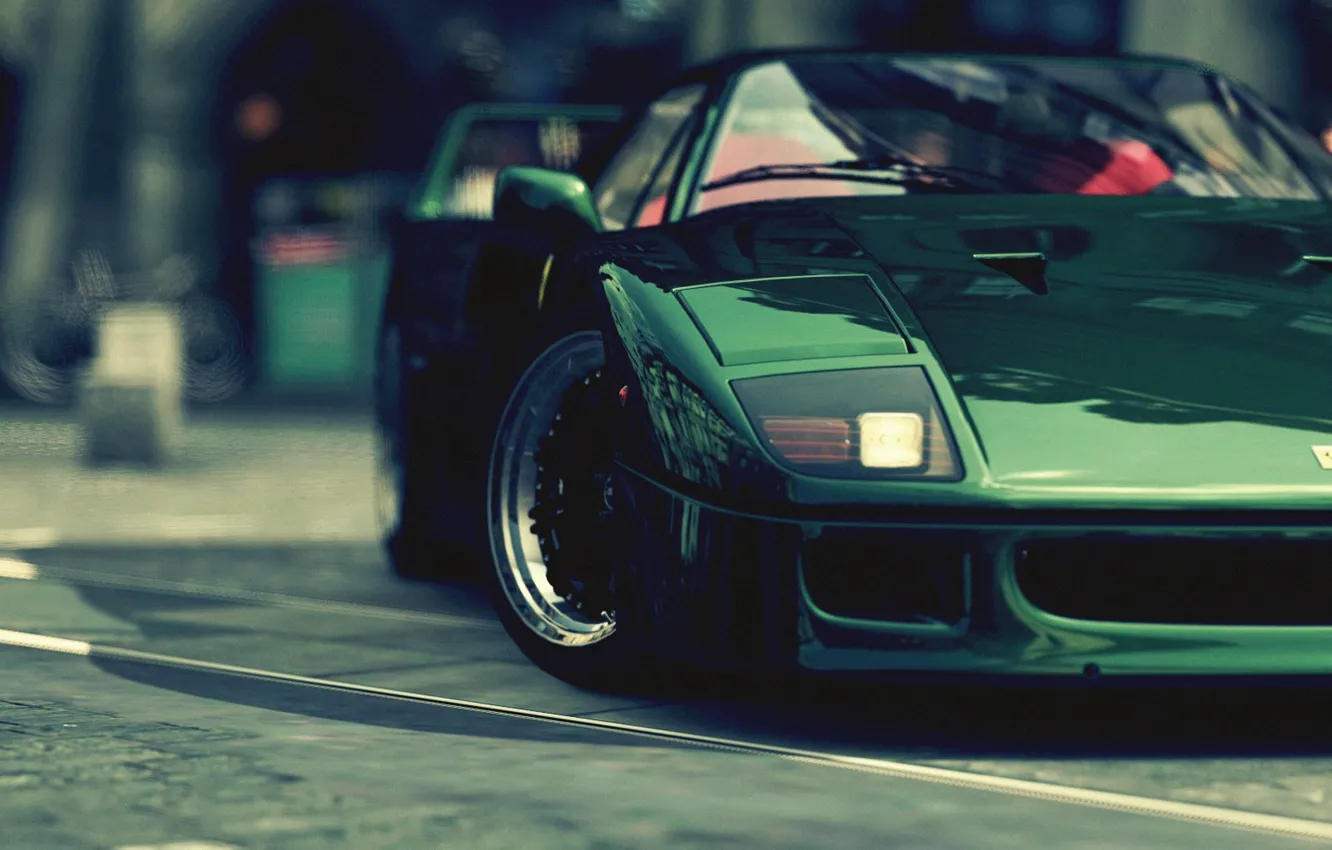 Фото обои улица, феррари, зеленая, Ferrari F40