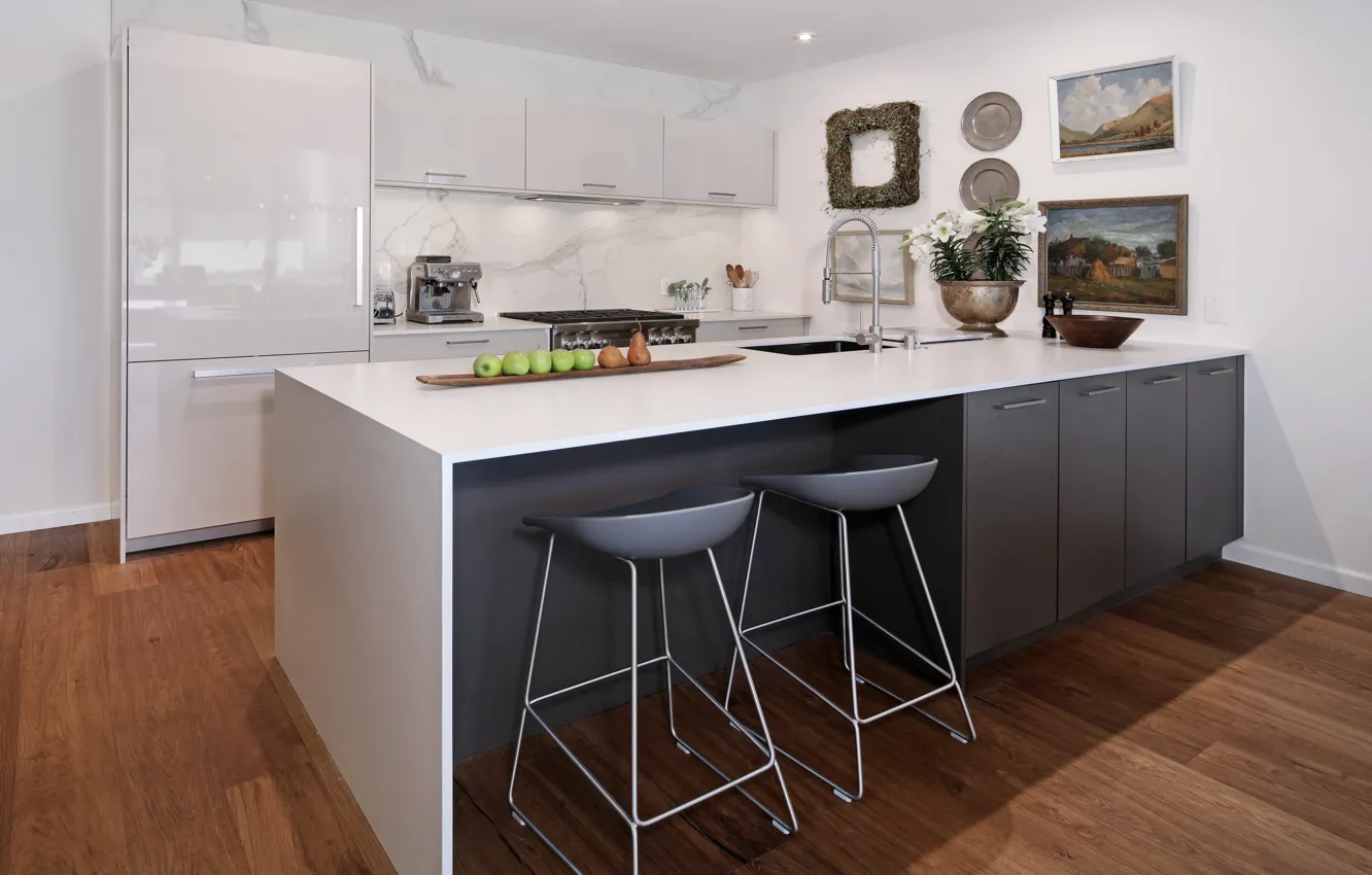 Фото обои стол, холодильник, кухня, картины, Design, Interior, Kitchen