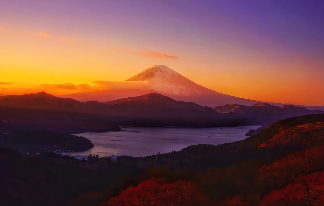 Фото обои рассвет, Япония, залив, Japan, Фудзияма, Fuji Mountain