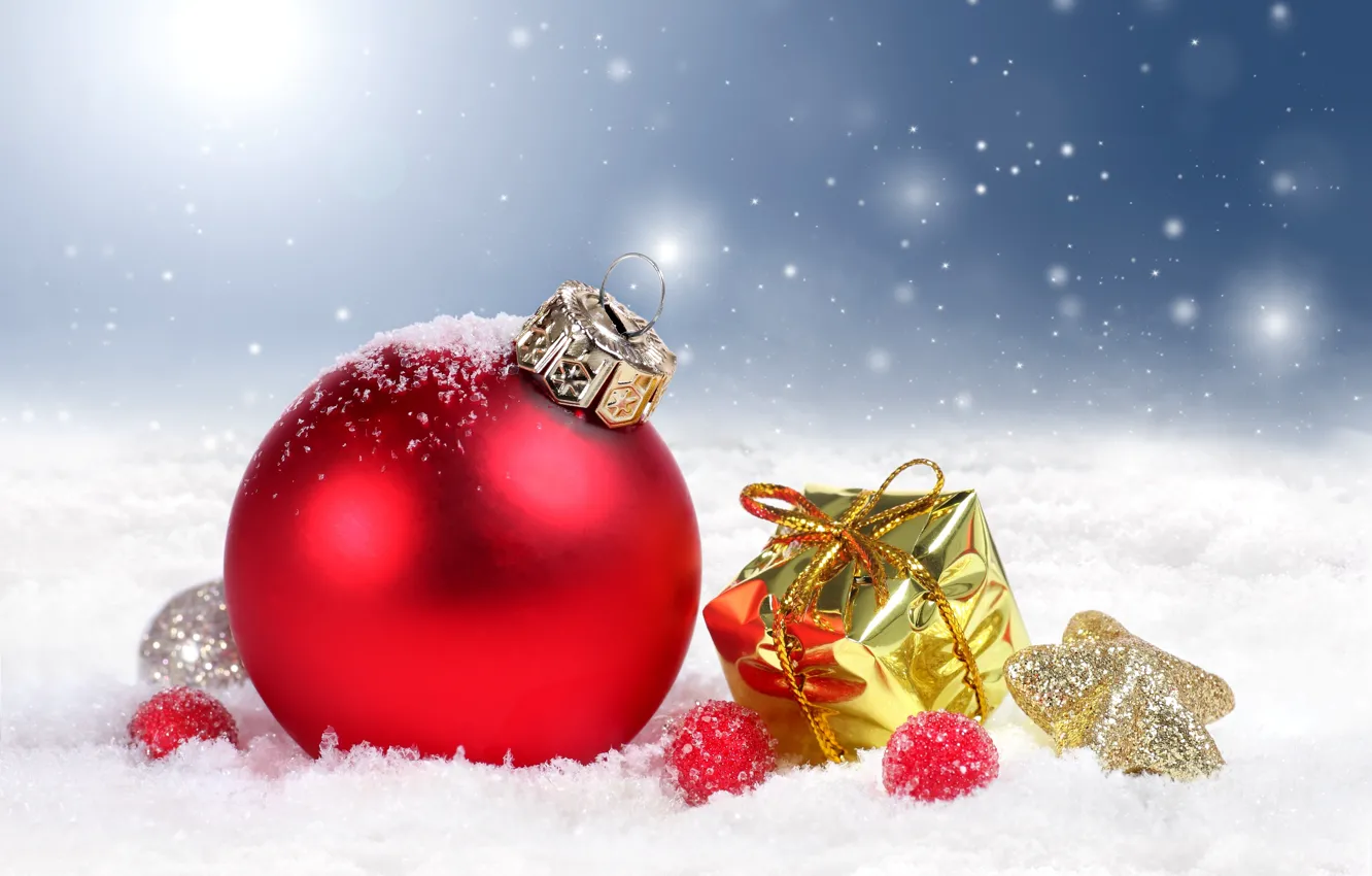 Фото обои снег, украшения, шары, Новый Год, Рождество, Christmas, New Year, decoration