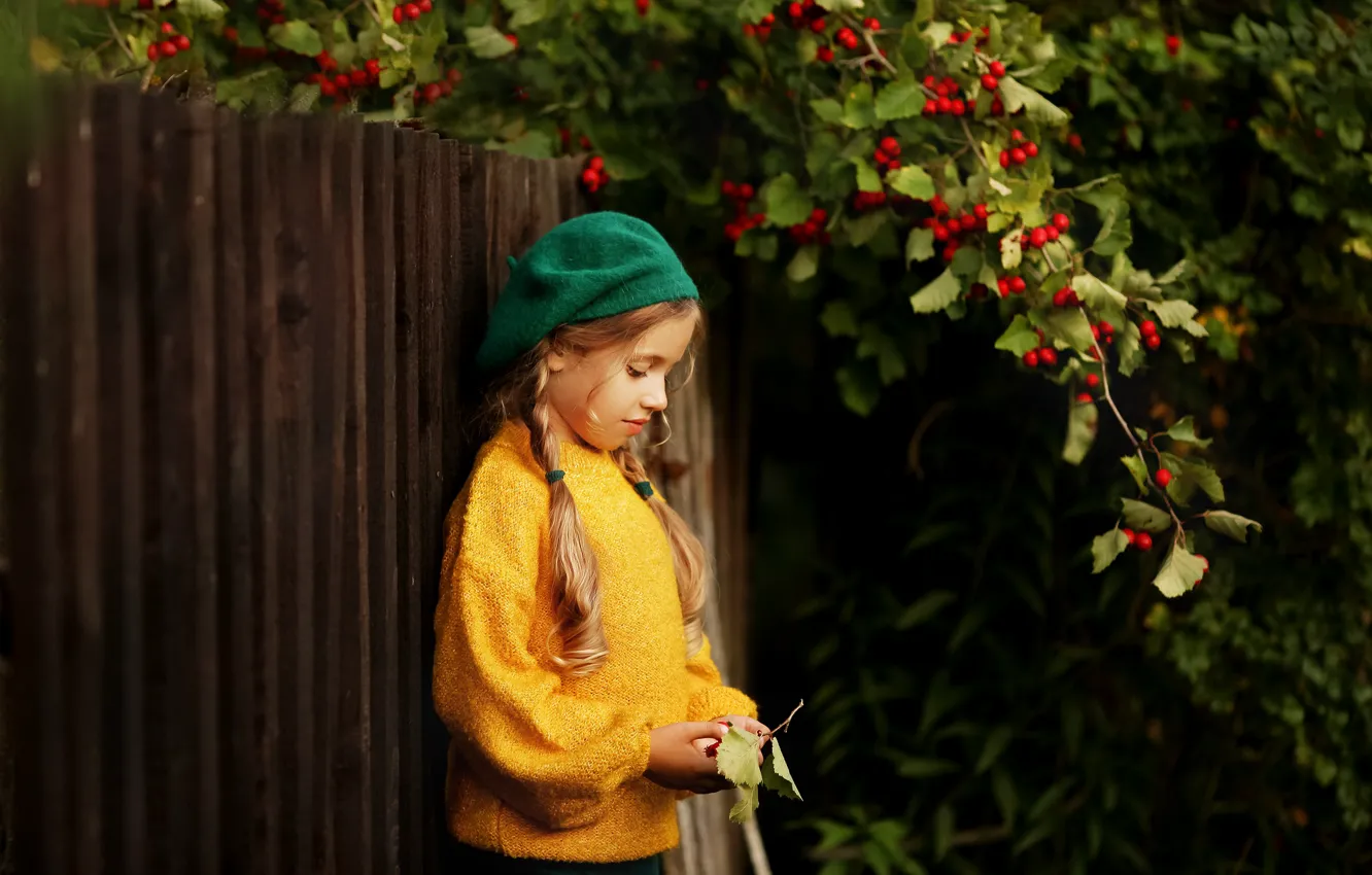 Фото обои ветки, природа, ягоды, забор, девочка, косички, ребёнок, берет