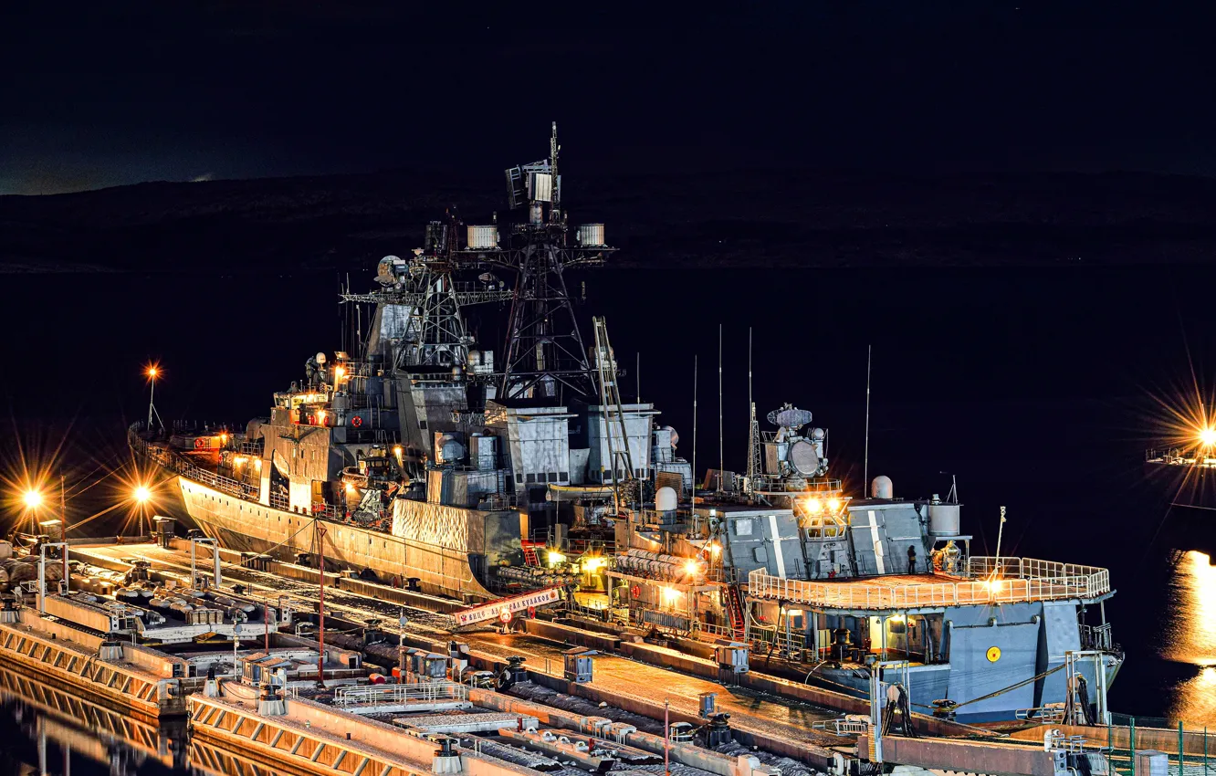Фото обои ночь, корабль, причал, большой, противолодочный, Вице Адмирал Кулаков