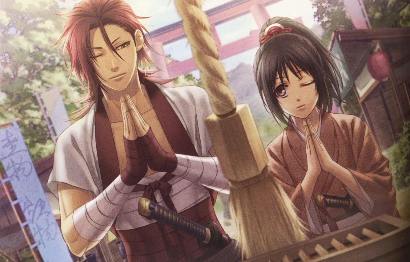 Фото обои катана, веревка, руки, самурай, храм, жест, art, молитва