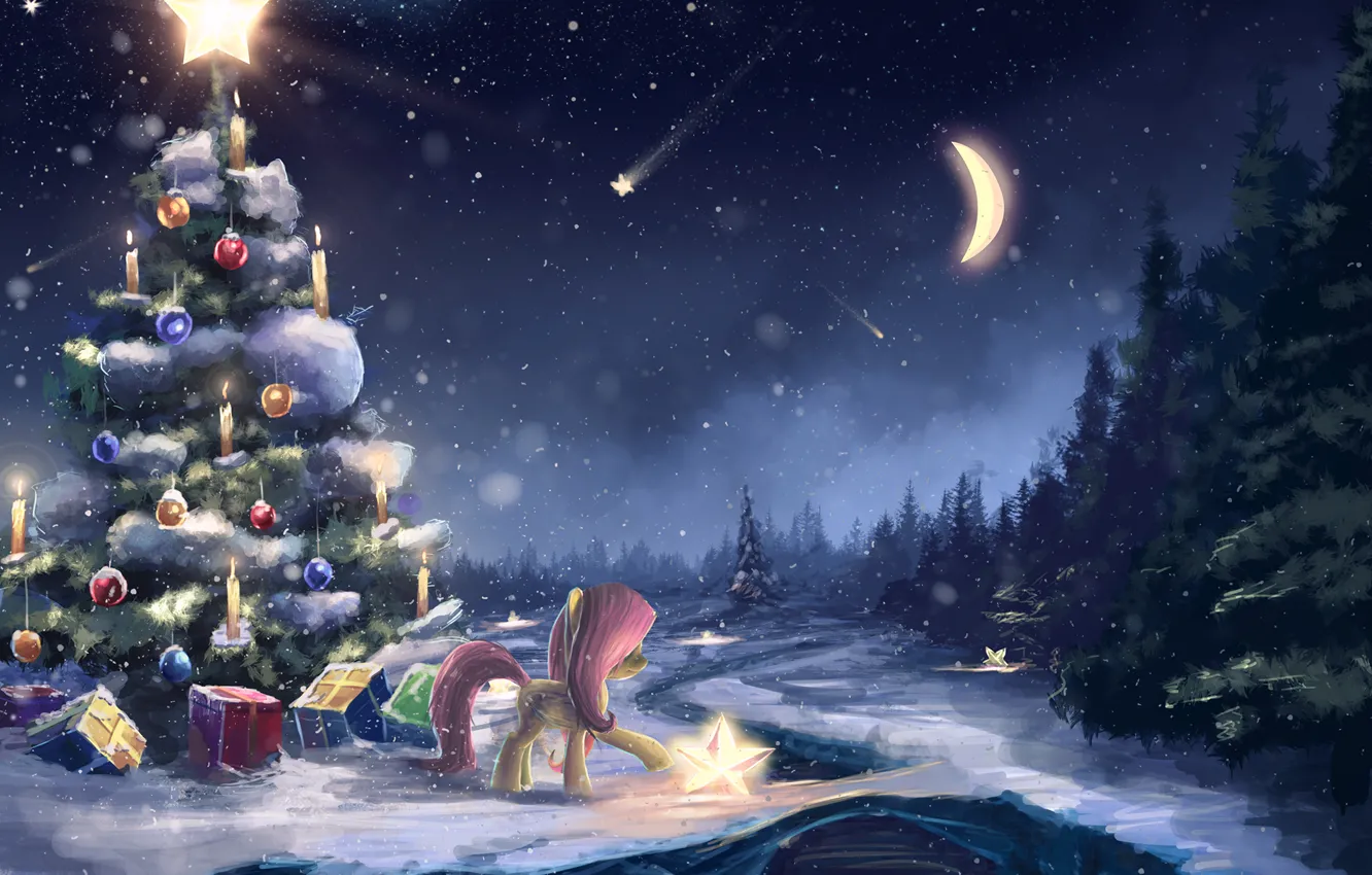 Фото обои зима, снег, праздник, луна, арт, подарки, пони, ёлка