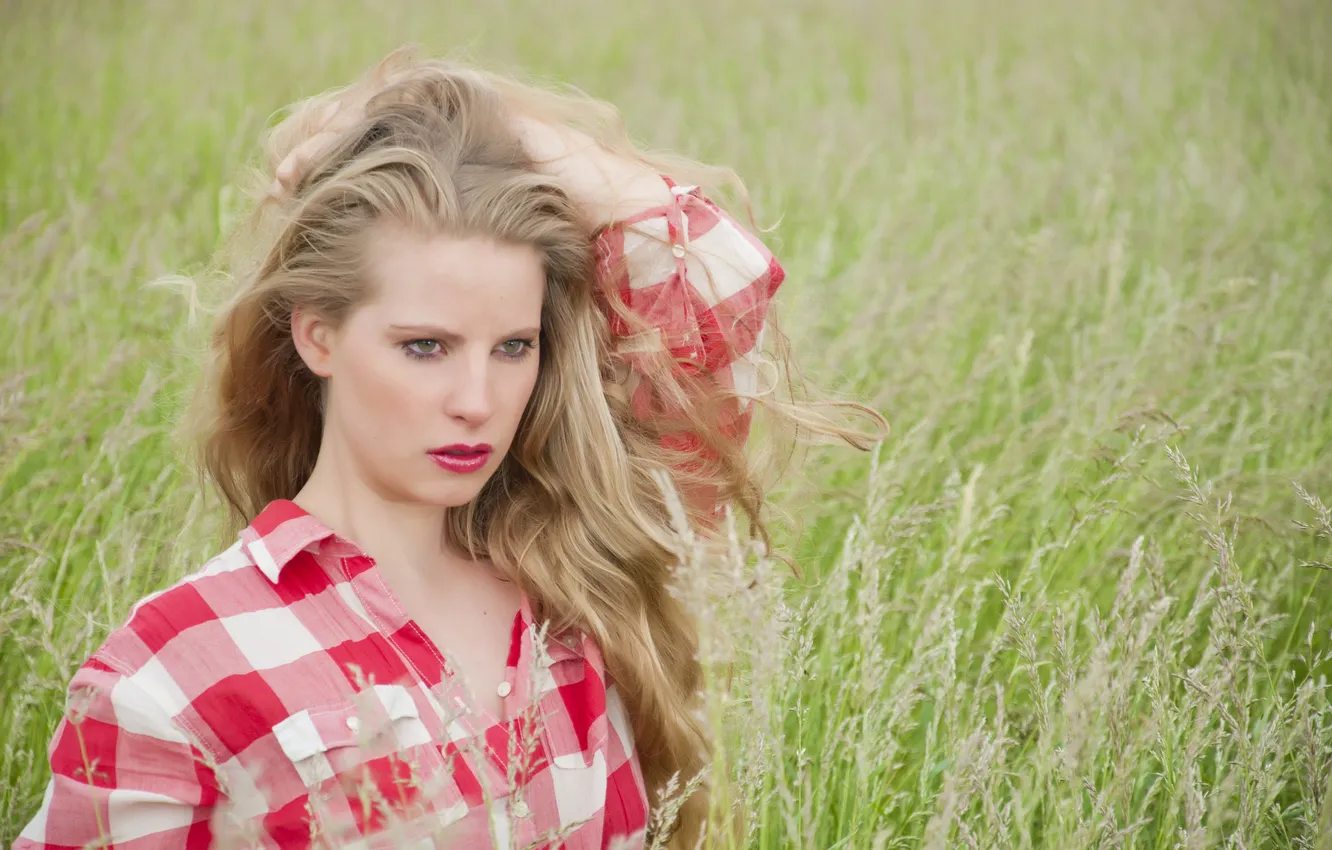 Фото обои трава, взгляд, девушка, блондинка, рубашка, сероглазая