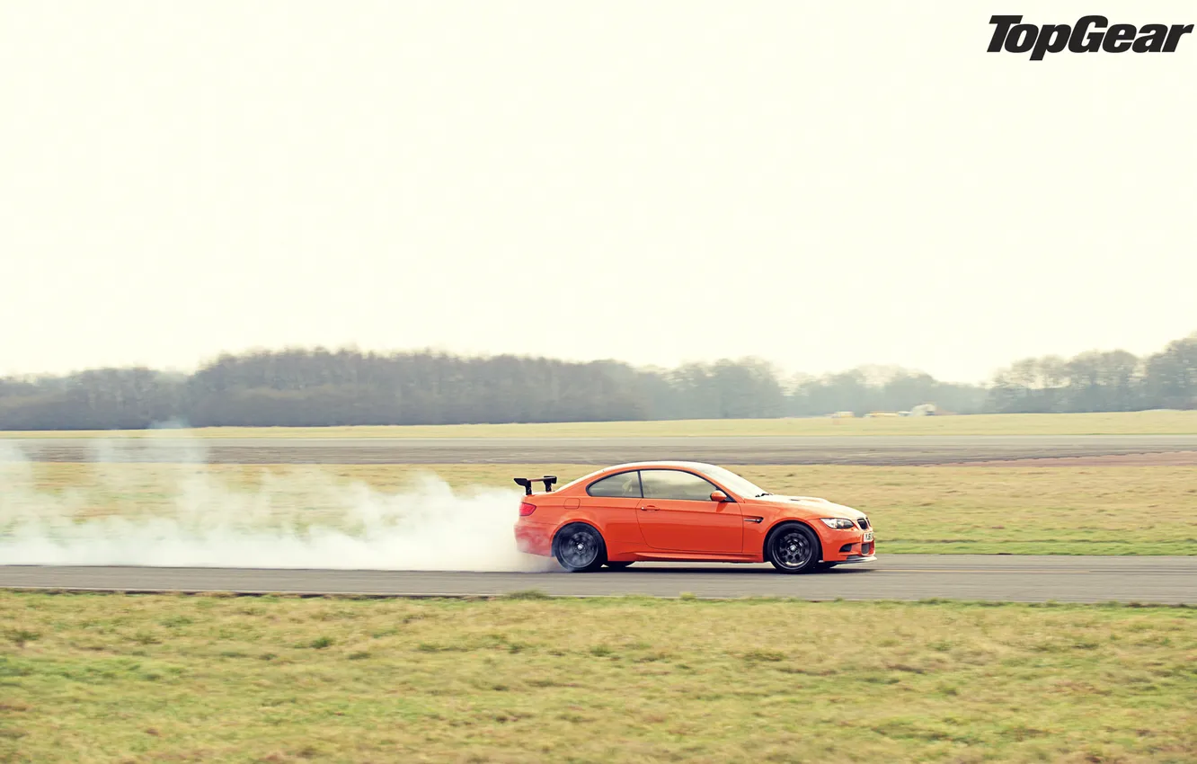 Фото обои оранжевый, дым, BMW, БМВ, суперкар, вид сбоку, top gear, самая лучшая телепередача
