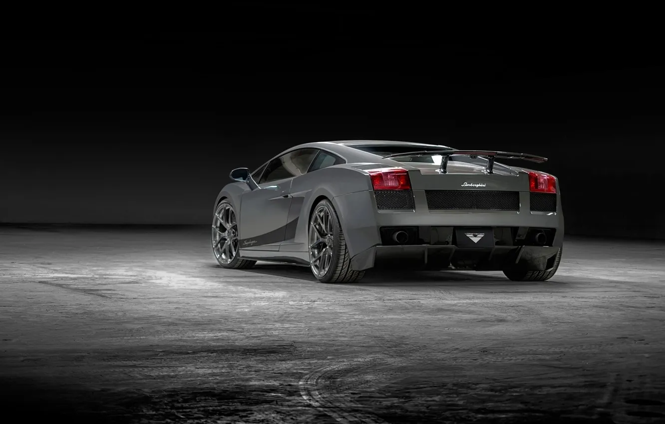 Фото обои серый, фон, тюнинг, Lamborghini, суперкар, Gallardo, полумрак, вид сзади