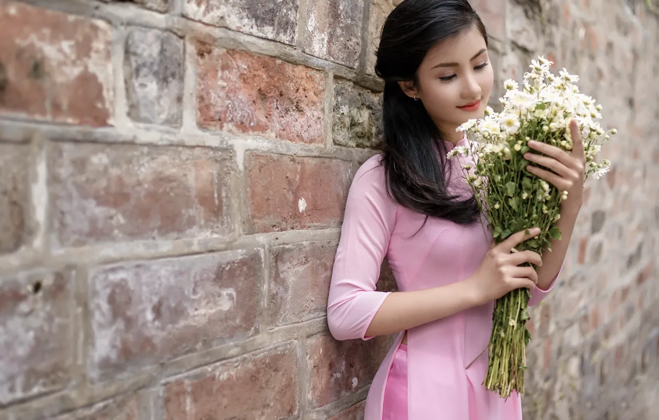 Фото обои девушка, цветы, азиатка