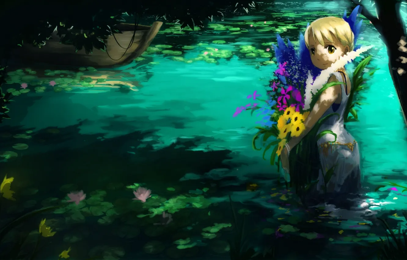 Фото обои вода, девушка, деревья, цветы, смотрит на зрителя