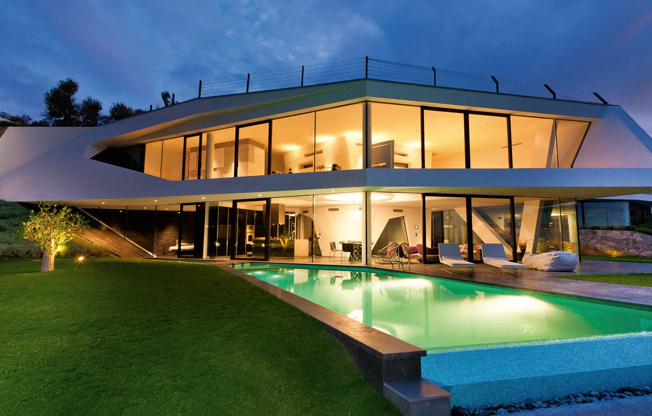 Фото обои вилла, вечер, бассейн, освещение, архитектура