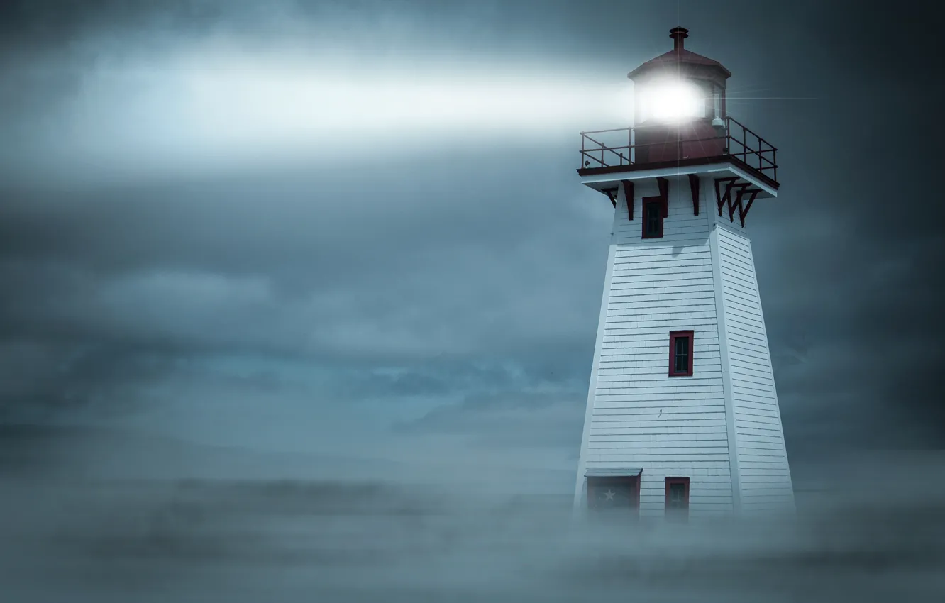 Фото обои ночь, туман, маяк, прожектор, луч света