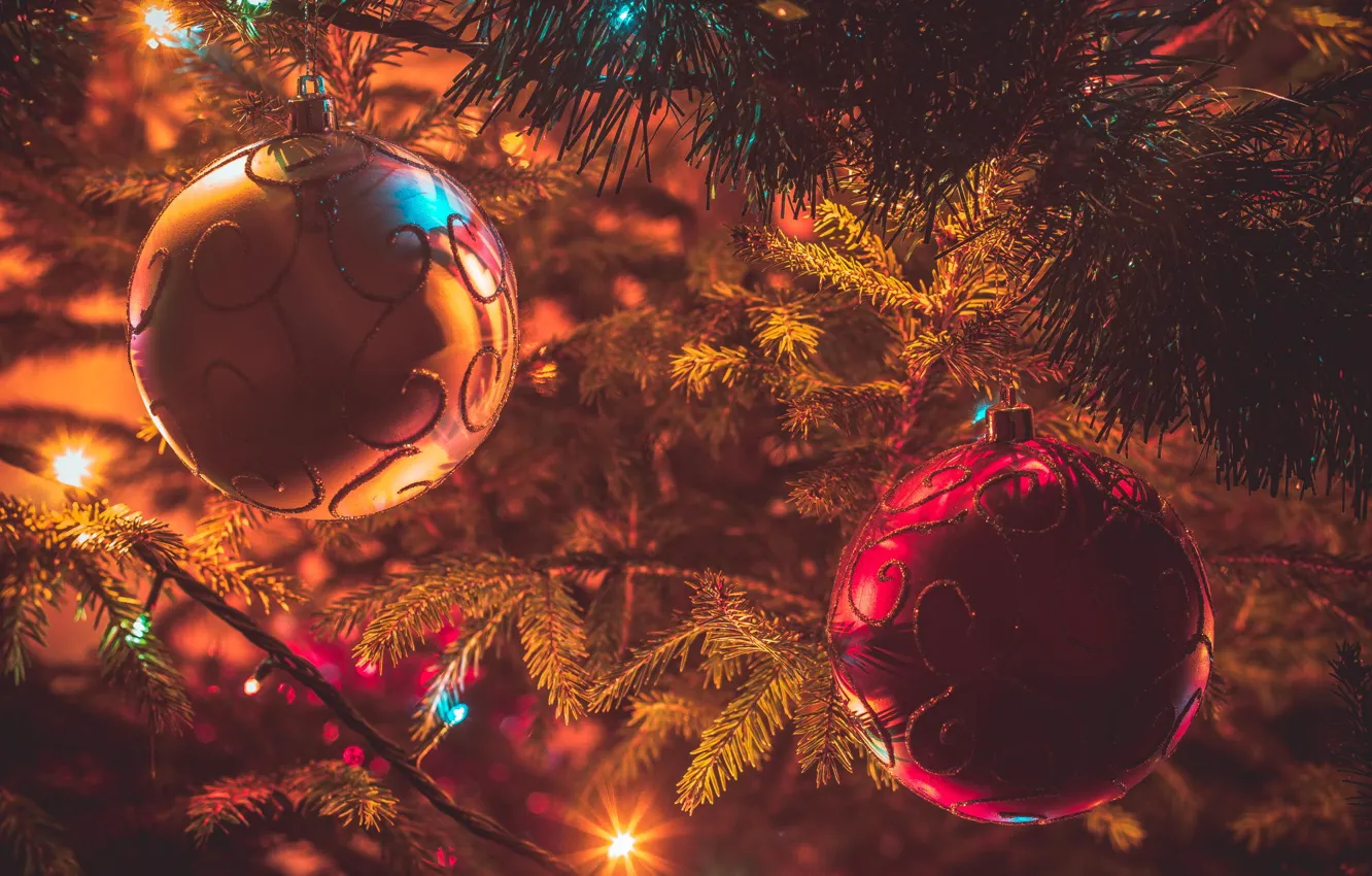 Фото обои свет, украшения, огни, шары, елка, рождество, Новый год