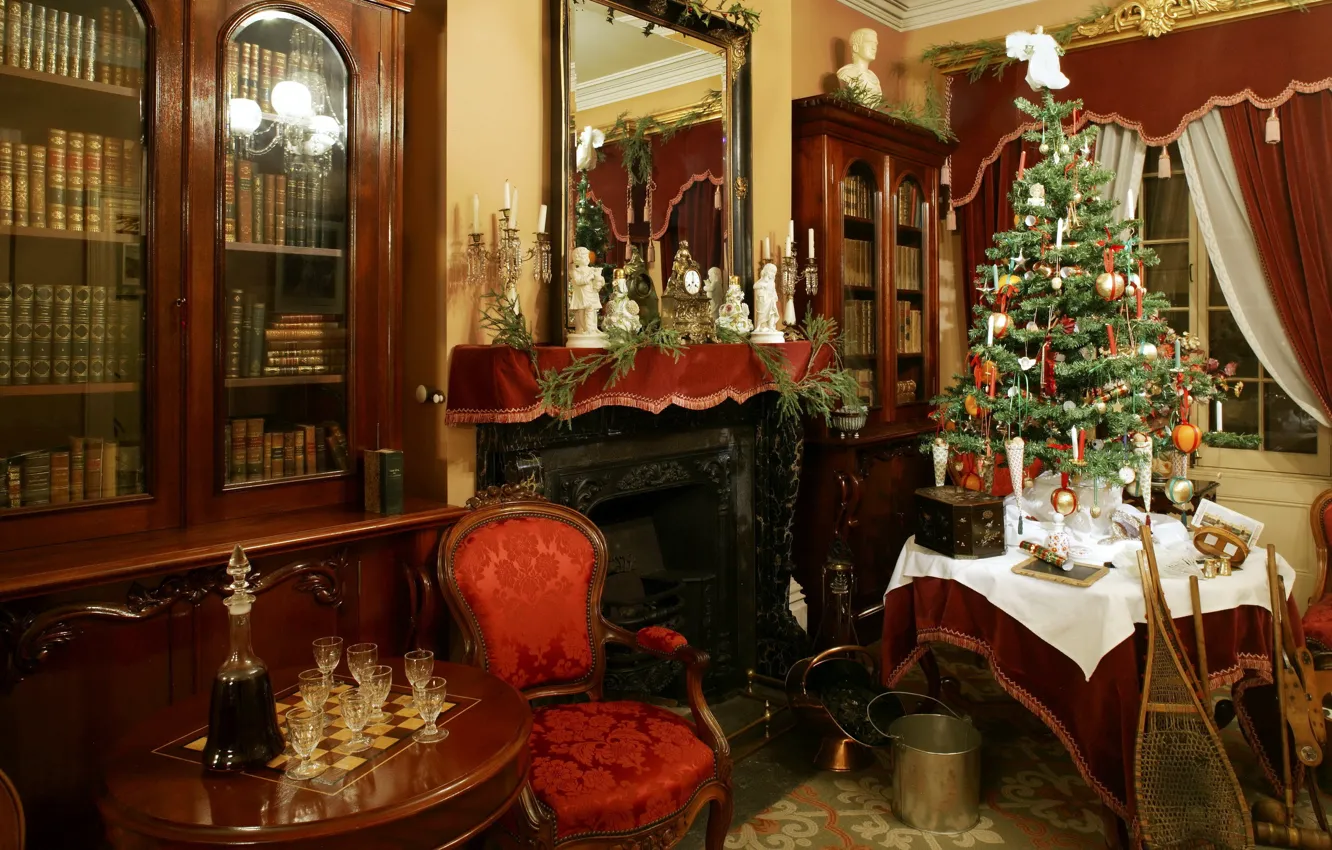 Фото обои фото, праздник, елка, стулья, рождество, интерьер, бокалы, Новый год